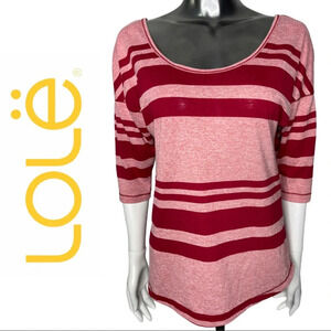 Lole Stripe Poly Linen 3/4 Sleeve Back Detail Top Red Pink Size Extra  Small